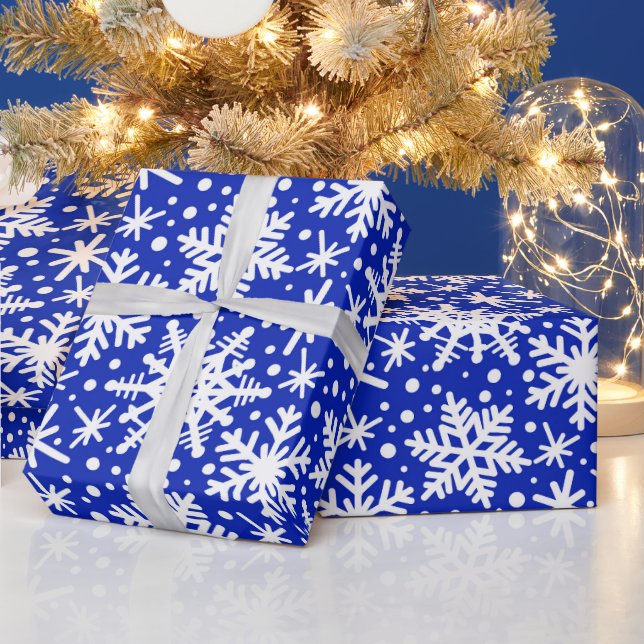 White Snowflakes on Blue  Wrapping Paper (Holidays)