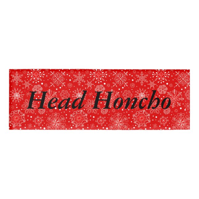 White Snowflakes on Christmas Red Name Tag (Front)
