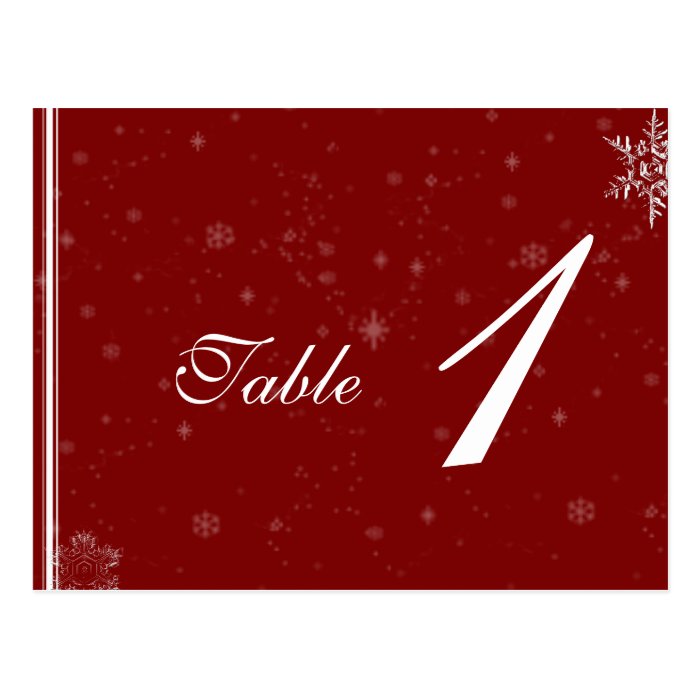 White Snowflakes on Cranberry Wedding Table Number Post Card