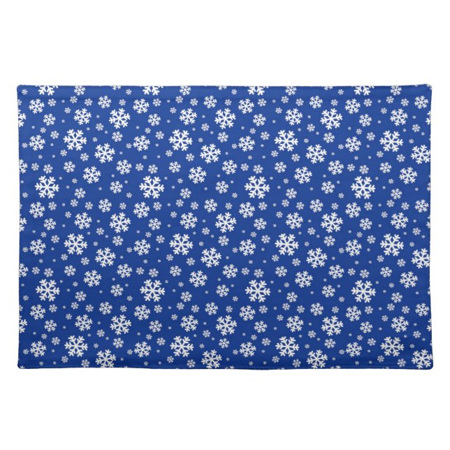 White Snowflakes on Dark Blue Winter Pattern Cloth Placemat (Front)