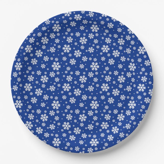 White Snowflakes on Dark Blue Winter Pattern Paper Plates (Front)