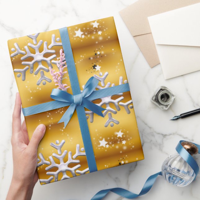 White Snowflakes on Gold Christmas Wrapping Paper (Gifting)