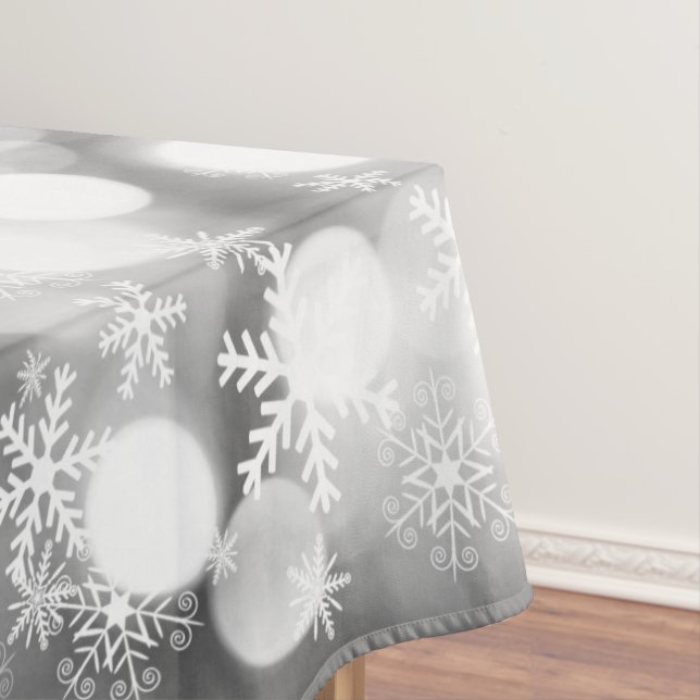 White snowflakes on gray Xmas tablecloth. Tablecloth (In Situ)