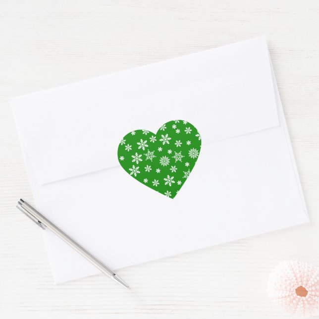 White Snowflakes on Green  Background Heart Sticker (Envelope)