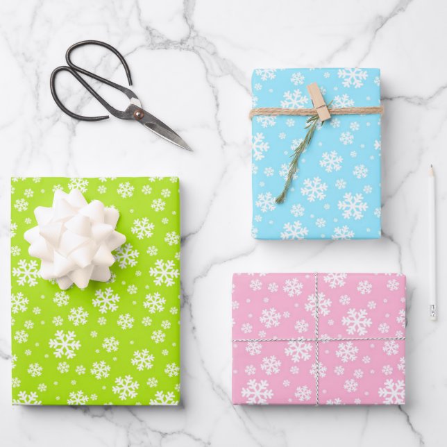 White Snowflakes on Green, Blue & Pink Wrapping Paper Sheets (Front)