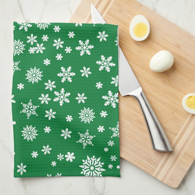 White Snowflakes on Green Christmas Kitchen Towel (Quarter Fold)