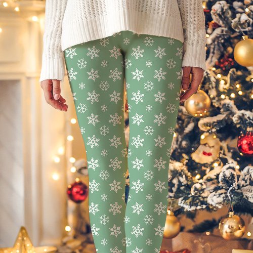 White Snowflakes On Green Cute Christmas Leggings