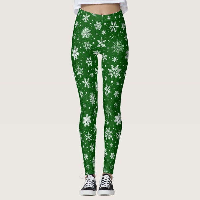 White Snowflakes on Green Leggings (Front)