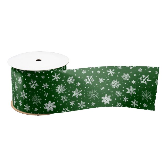 White Snowflakes on Green Satin Ribbon (Spool)