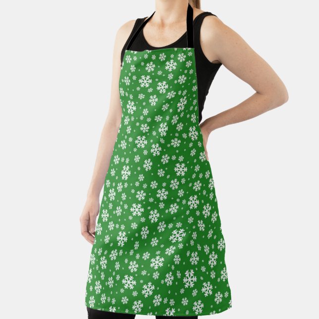 White Snowflakes on green Winter Pattern Apron (Insitu)