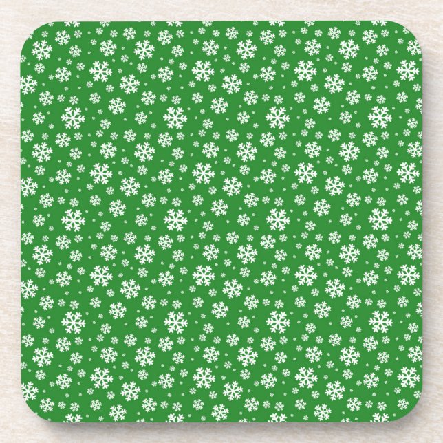 White Snowflakes on green Winter Pattern Beverage Coaster (Front)