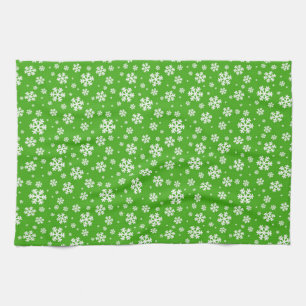 White Snowflakes on Green Winter Pattern Kitchen Towel