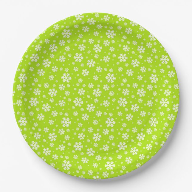 White Snowflakes on Green Winter Pattern Paper Plates (Front)