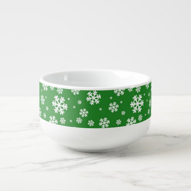 White Snowflakes on green Winter Pattern Soup Mug (Front)