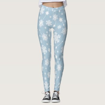 White Snowflakes On Light Blue Background Winter Leggings by HolidayCreations at Zazzle