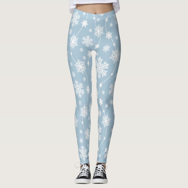 White Snowflakes on Light Blue Background Winter Leggings (Front)