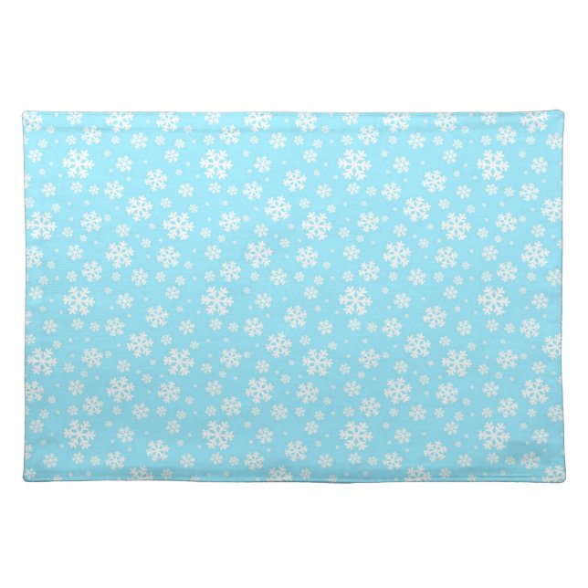 White Snowflakes on Light Blue Winter Pattern Cloth Placemat (Front)