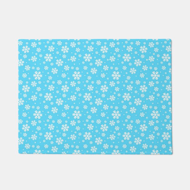 White Snowflakes on Light Blue Winter Pattern Doormat (Front)