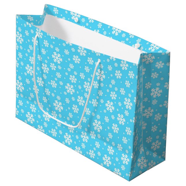 White Snowflakes on Light Blue Winter Pattern Large Gift Bag (Front Angled)