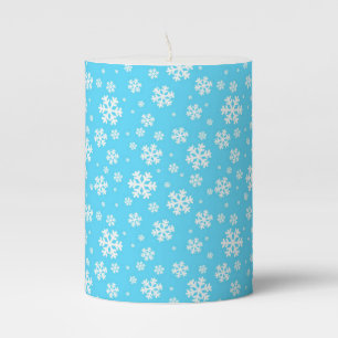 White Snowflakes on Light Blue Winter Pattern Pillar Candle