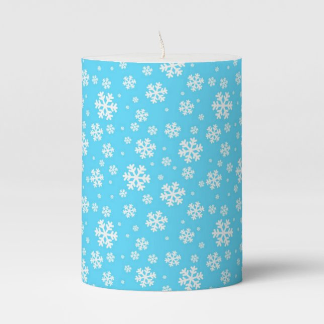 White Snowflakes on Light Blue Winter Pattern Pillar Candle (Front)