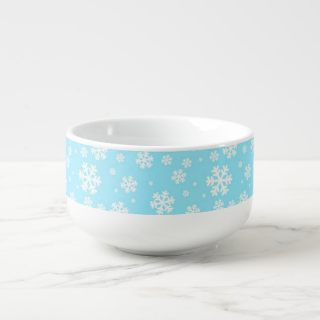 White Snowflakes on Light Blue Winter Pattern Soup Mug (Front)