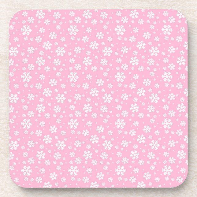 White Snowflakes on Light Pink Winter Pattern Beverage Coaster (Front)