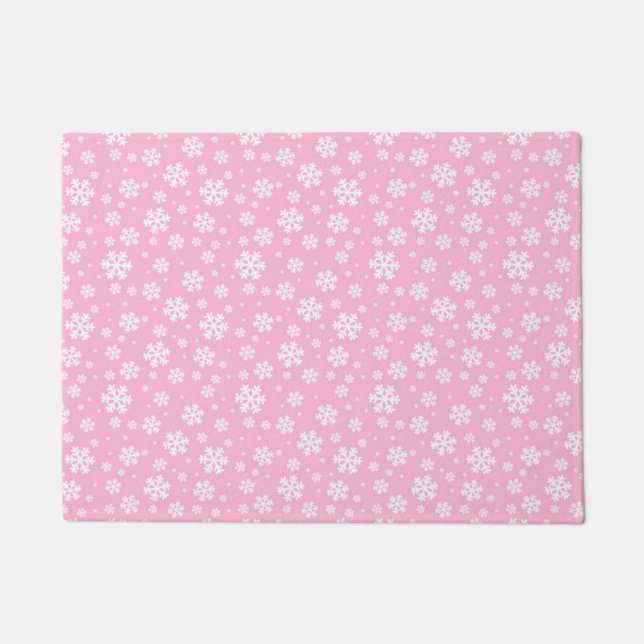 White Snowflakes on Light Pink Winter Pattern Doormat (Front)
