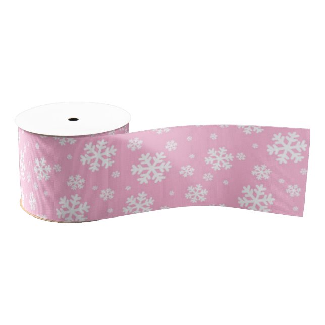 White Snowflakes on Light Pink Winter Pattern Grosgrain Ribbon (Spool)