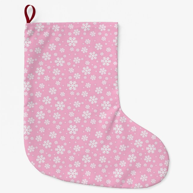 White Snowflakes on Light Pink Winter Pattern Large Christmas Stocking (Front)