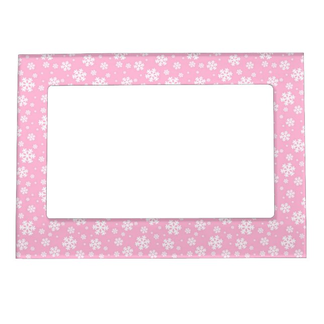 White Snowflakes on Light Pink Winter Pattern Magnetic Frame (Front)
