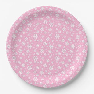 White Snowflakes on Light Pink Winter Pattern Paper Plates