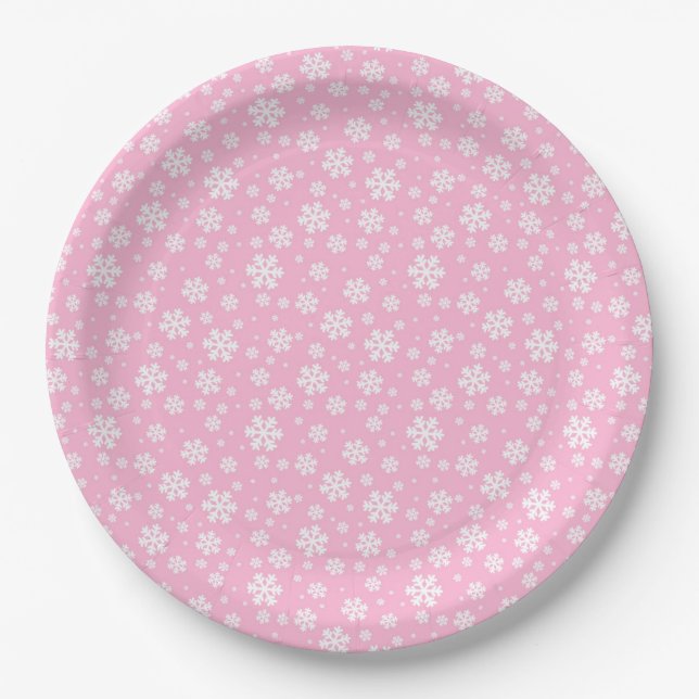 White Snowflakes on Light Pink Winter Pattern Paper Plates (Front)