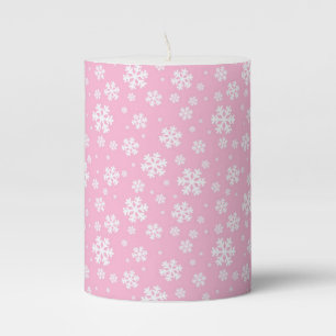White Snowflakes on Light Pink Winter Pattern Pillar Candle