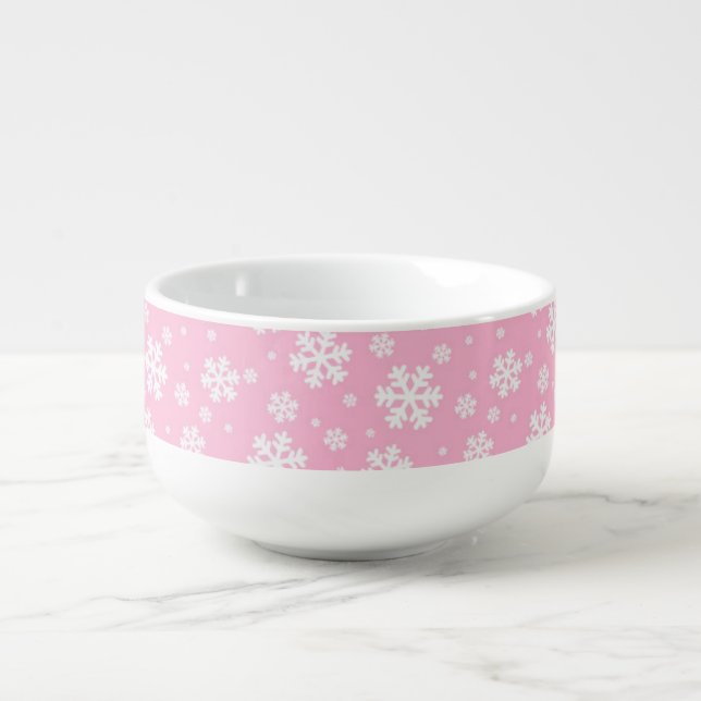 White Snowflakes on Light Pink Winter Pattern Soup Mug (Front)