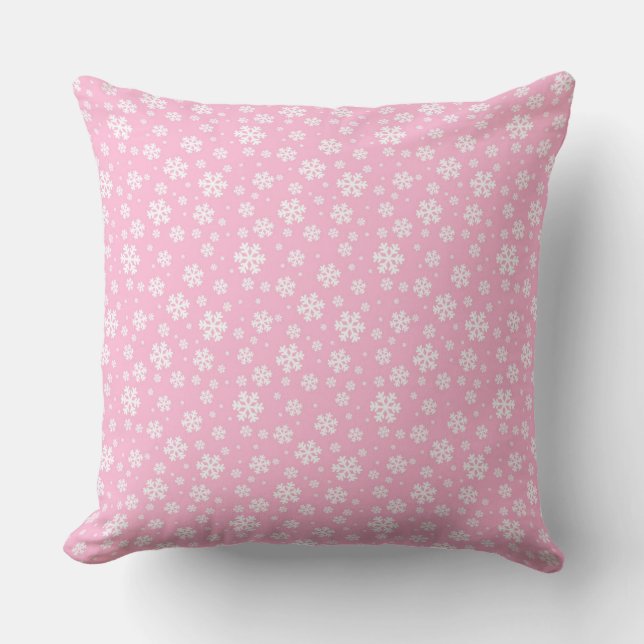White Snowflakes on Light Pink Winter Pattern Throw Pillow (Front)