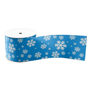 White Snowflakes on Mid Blue Winter Pattern Grosgrain Ribbon