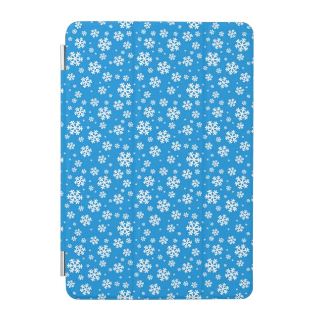 White Snowflakes on Mid Blue Winter Pattern iPad Mini Cover (Front)