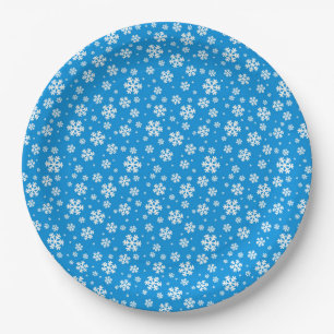 White Snowflakes on Mid Blue Winter Pattern Paper Plates
