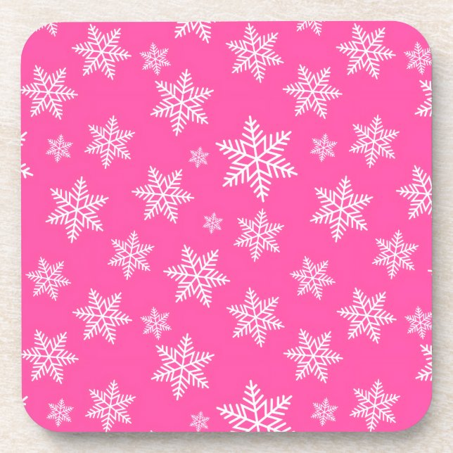 White Snowflakes on Pink Winter Pattern Beverage Coaster (Front)