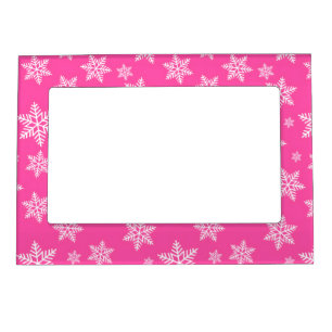 White Snowflakes on Pink Winter Pattern Magnetic Frame