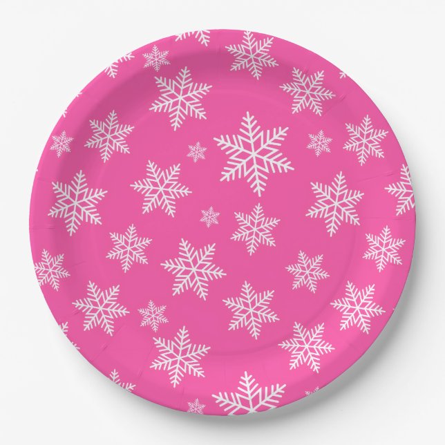 White Snowflakes on Pink Winter Pattern Paper Plates (Front)