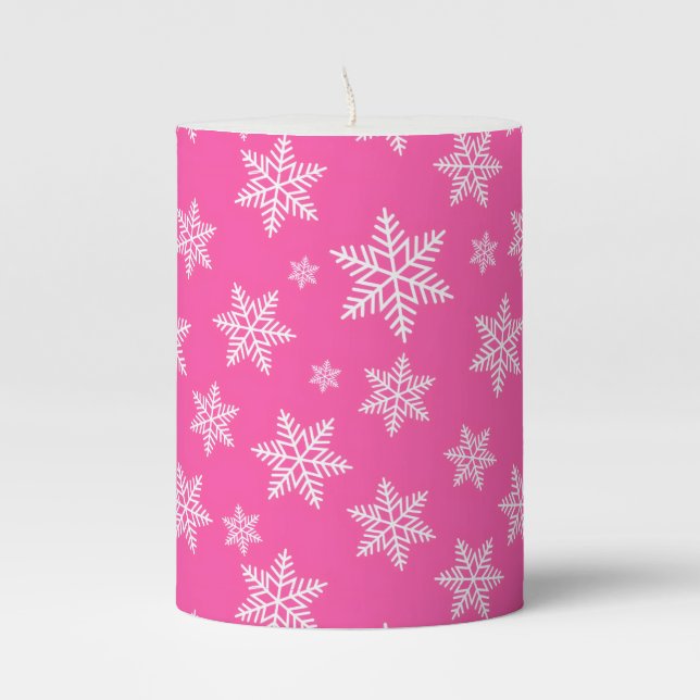 White Snowflakes on Pink Winter Pattern Pillar Candle (Front)