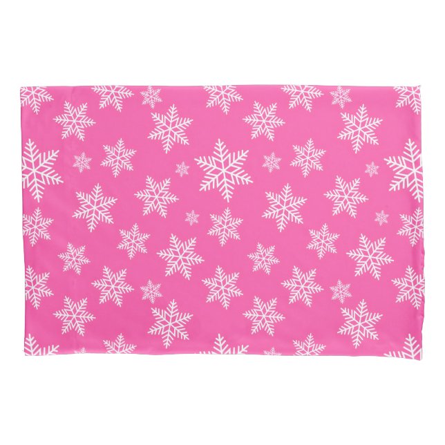 White Snowflakes on Pink Winter Pattern Pillow Case (Front)
