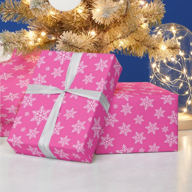 White Snowflakes on Pink Winter Pattern Wrapping Paper (Holidays)