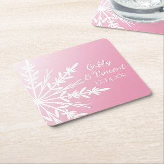 White Snowflakes on Pink Winter Wedding Square Paper Coaster