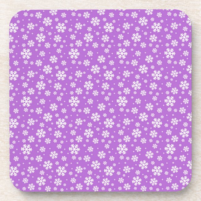 White Snowflakes on Purple  Winter Pattern Beverage Coaster (Front)