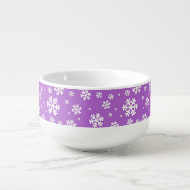 White Snowflakes on Purple Winter Pattern Soup Mug (Front)
