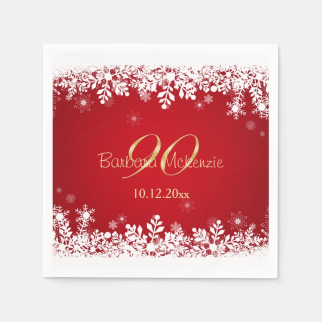 White snowflakes on red 90th Birthday Party Napkins (Front)