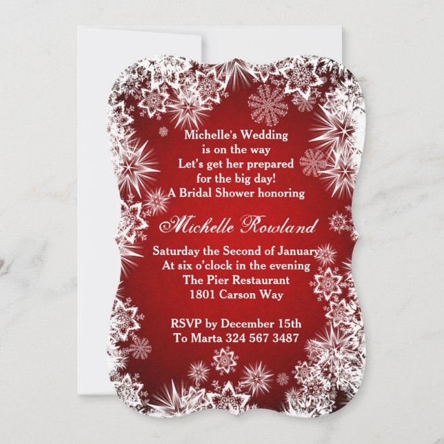 White snowflakes on red Christmas Bridal Shower Invitation (Front)